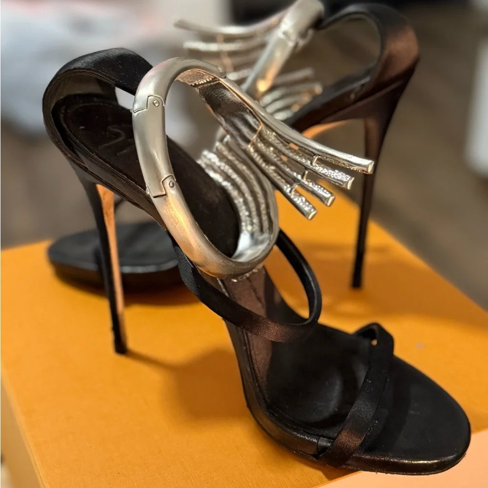 Giuseppe Zanotti Black Satin Heels with Silver Crystal Straps - Picture 2 of 6